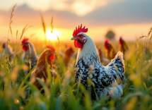 Gallina in un campo verde, simbolo di tradizione rurale