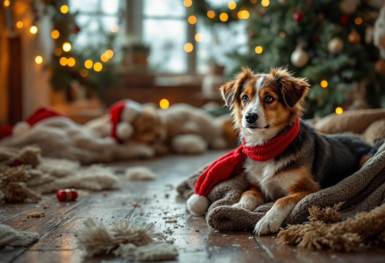 Cane adottato per Natale in un ambiente festivo