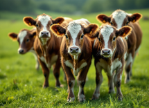Mini mucche che pascolano in un prato verde