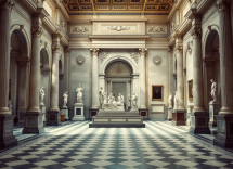 Cane che visita un museo in Italia con il suo proprietario