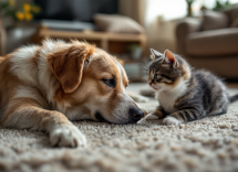 Cane e gatto che giocano insieme in un ambiente domestico