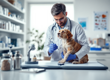 Veterinario che cura un animale domestico con passione