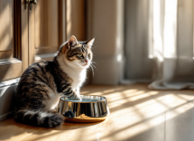 Gatto che beve acqua fresca da una ciotola