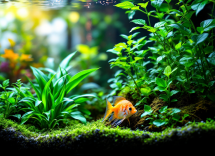 Acquario con piante verdi e pesci colorati