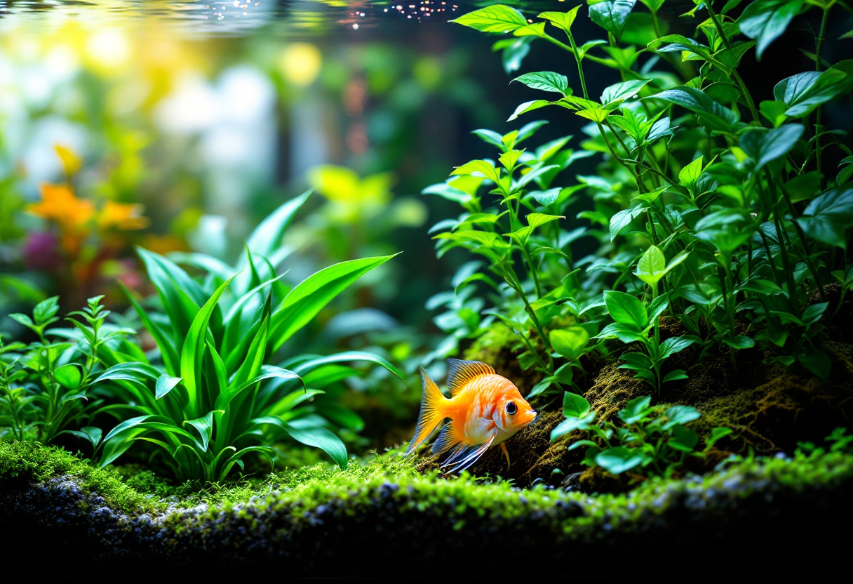 Acquario con piante verdi e pesci colorati